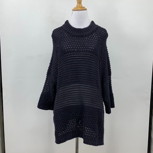 Moth Open Knit Tunic Sweater Womens L Navy Pullover 3/4 Sleeves High Crew Neck - Picture 2 of 11